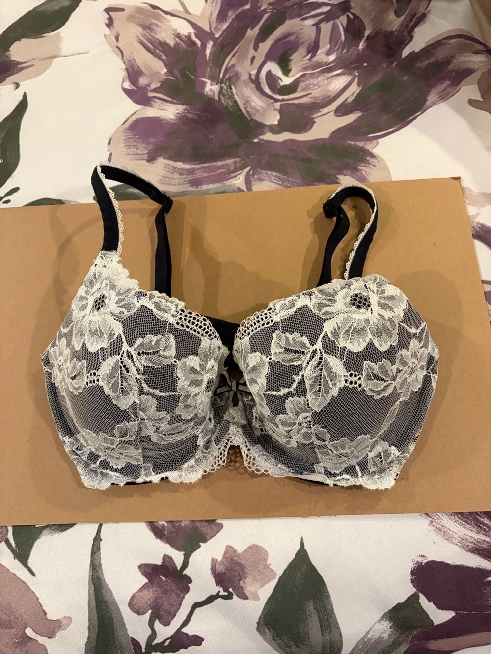 Victoria's Secret Black Bra with White Lace Overlay